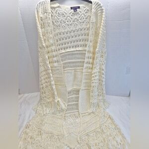 Roman's Intrincate Crochet Ivory Open Front 3/4 Sleeve  22/24 IX Long Boho